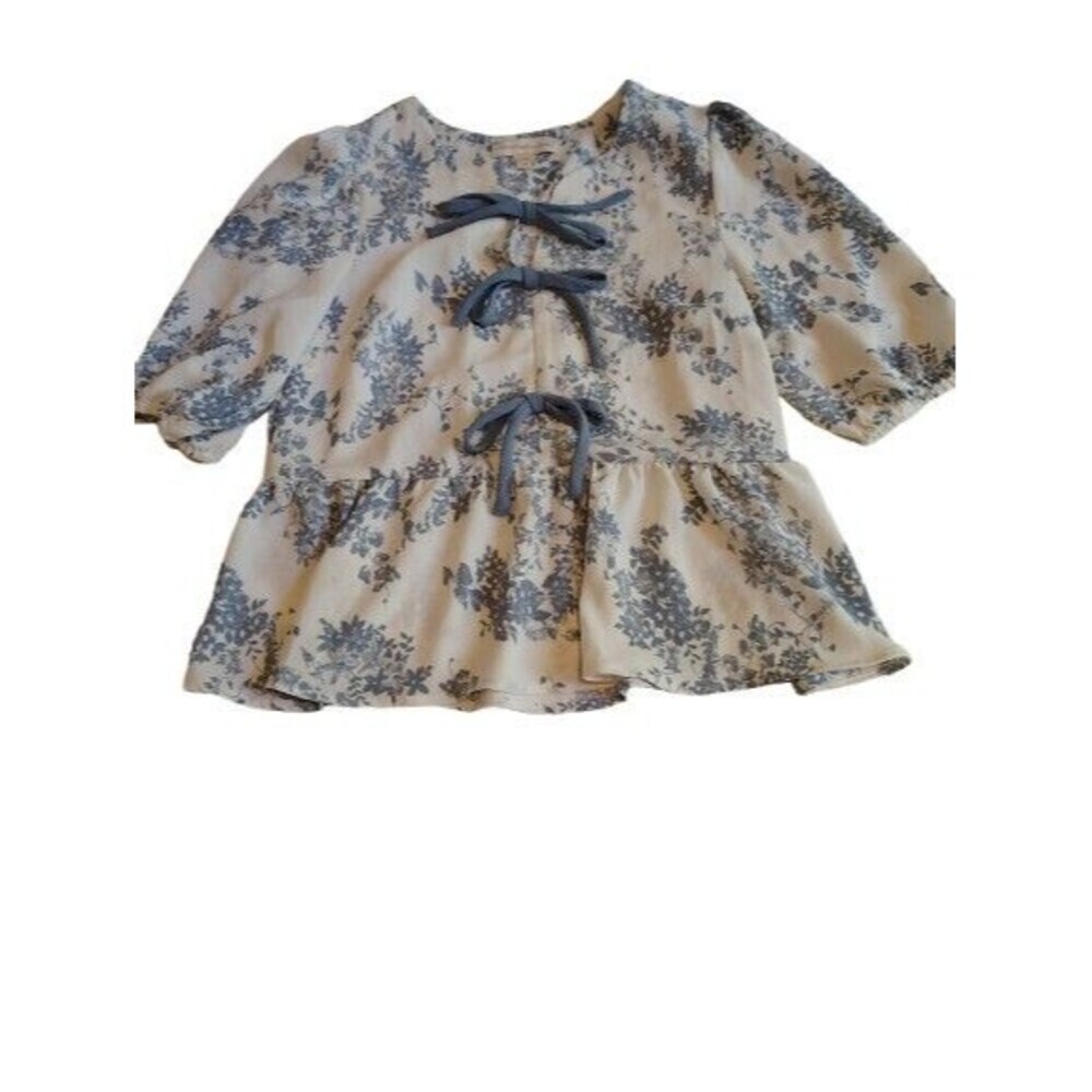 Monteau Los Angeles Blue White Floral Tie-Front Peplum Blouse M Victorian Toile
